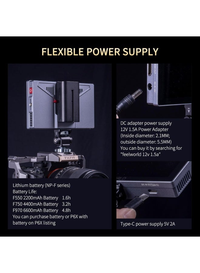 فيل وورلد شاشة مراقبة ميدانية لكاميرات DSLR FEELWORLD P6X مقاس 5.5 بوصة بهيكل من الألمنيوم وسطوع عالٍ 1000 شمعة، مزودة بشاشة لمس، وتصميم محمول، ودعم خاصية شكل الموجة (Waveform) وHDR، مع إدخال وإخراج HDMI بدقة 4K، ودعم إخراج 3D LUT، بوزن 249 جرام. - Image 3